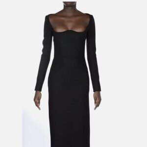 Saint Laurent 2018 Black Wool Corset Column Gown 38 Long Sleeve Black NWT